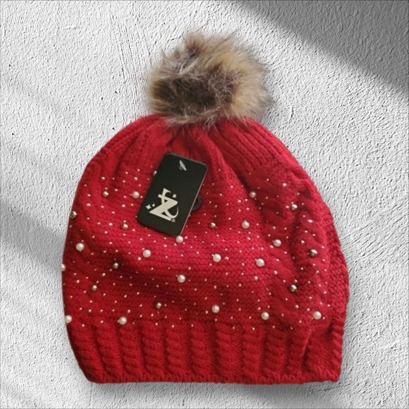 Red Knit Pom-Pom Beanie - Picture 1 of 3